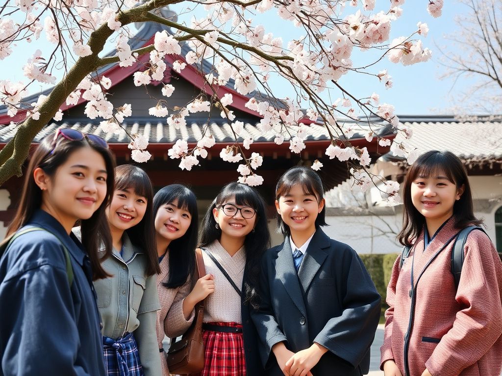 Classic Japanese school friends beneath cherry blossoms