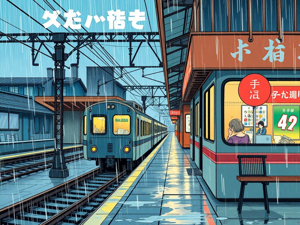 Classic Japanese romance comic cover with a rainy train station