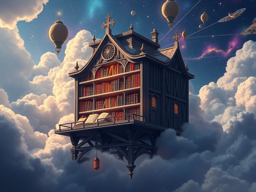 A fantastical library floating among clouds and stars