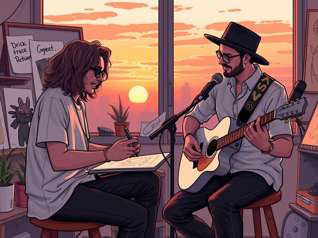 A stylish illustrator and musician sharing a studio at sunset