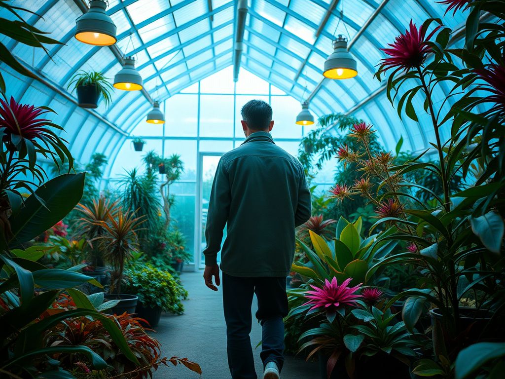 A botanist exploring a luminous greenhouse full of rare plants