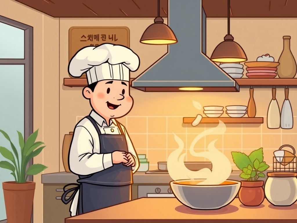 Popular Korean webtoon cover with a chef in a warm kitchen
