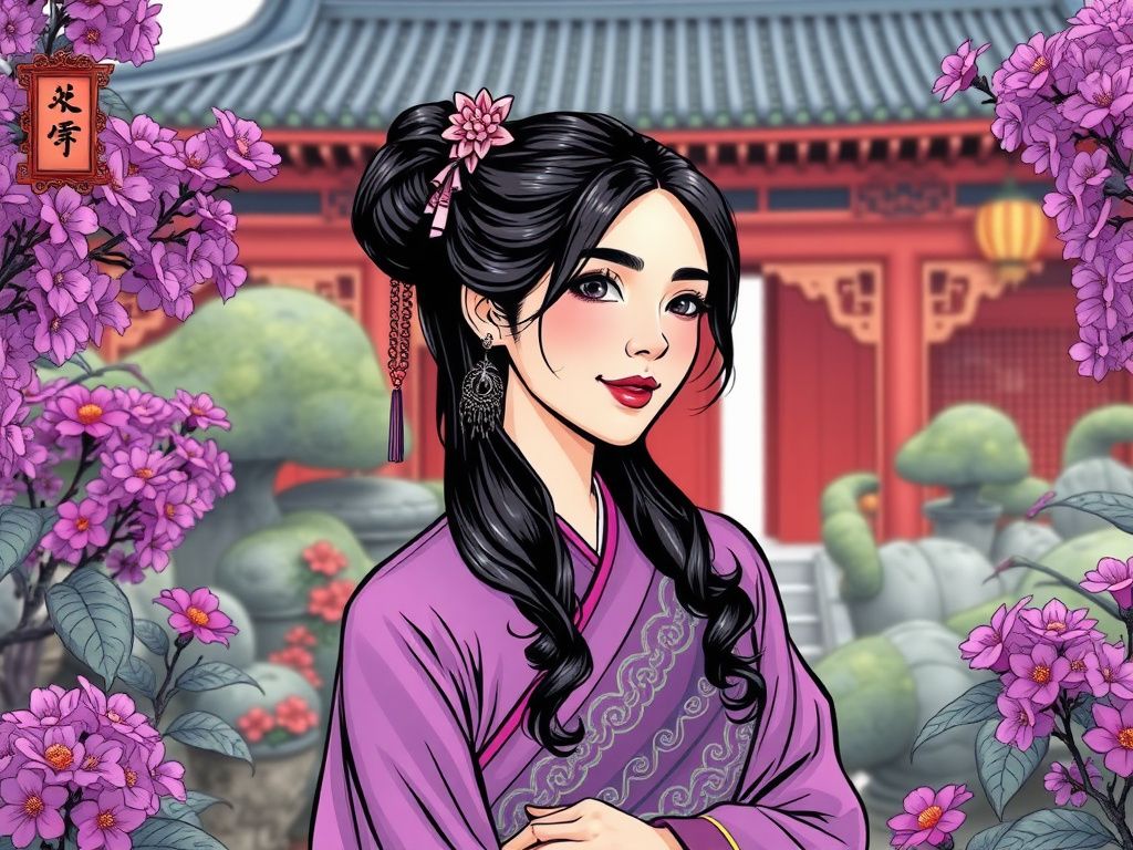 Chinese historical comic cover with a woman in a purple palace garden