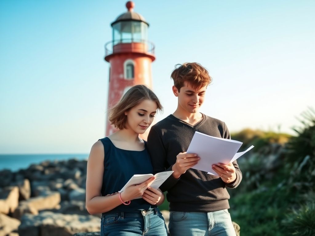 Two young people reading letters beside a seaside lighthouse